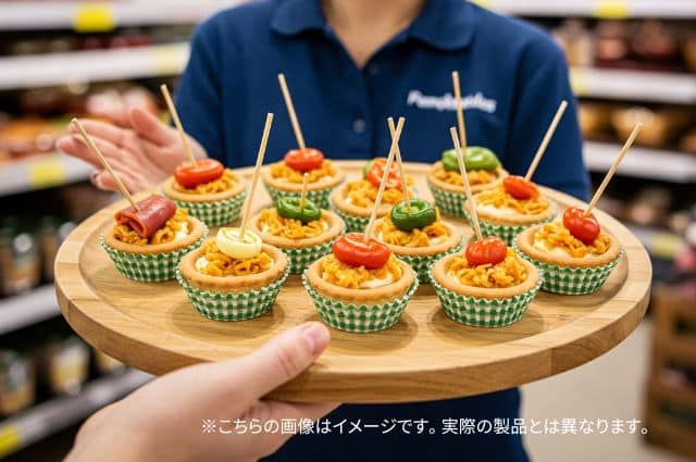 バイオPET製おかずカップに盛り付けられた試食品のアペタイザー、来店客への提供イメージ